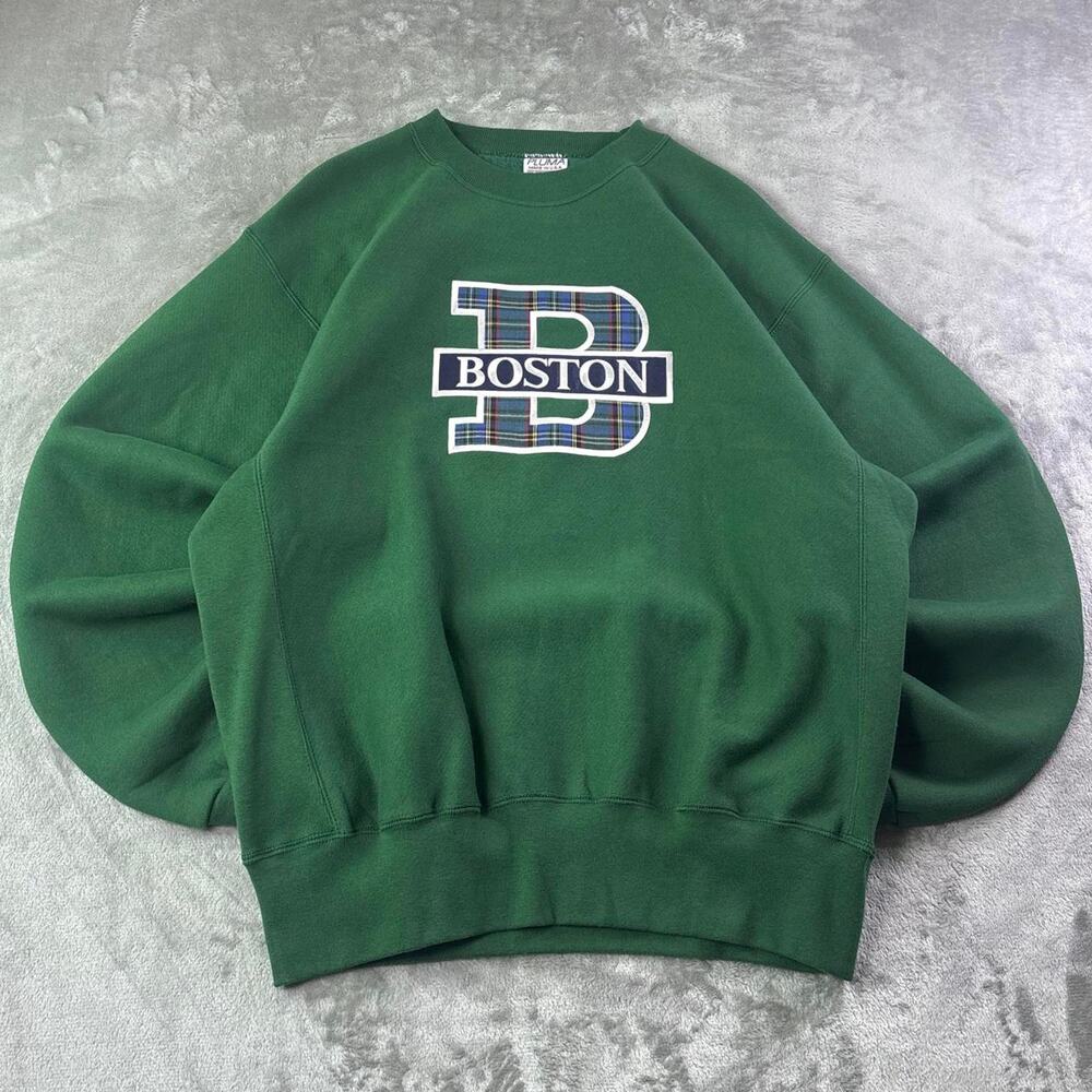 Vintage Boston Sweatshirt Mens L Green Plaid Embroidered USA Made Heavyweight